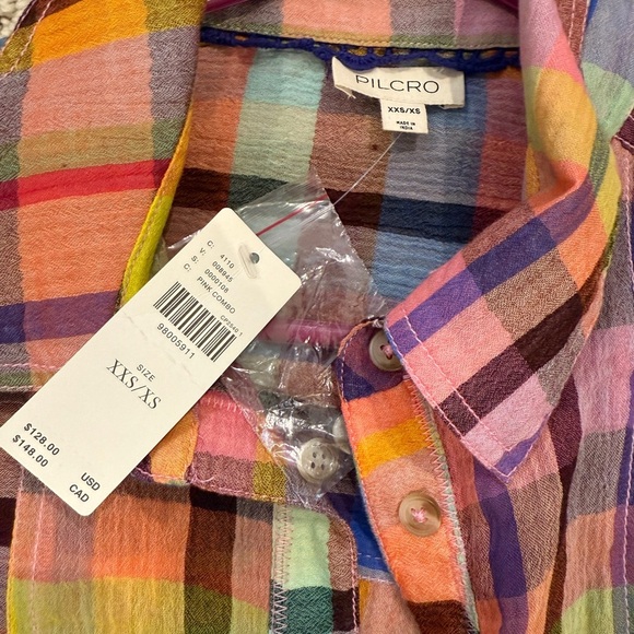 NWT Pilcro XXS/XS Long-Sleeve Mixed Madras Plaid Oversized Buttondown Shirt - Picture 5 of 15